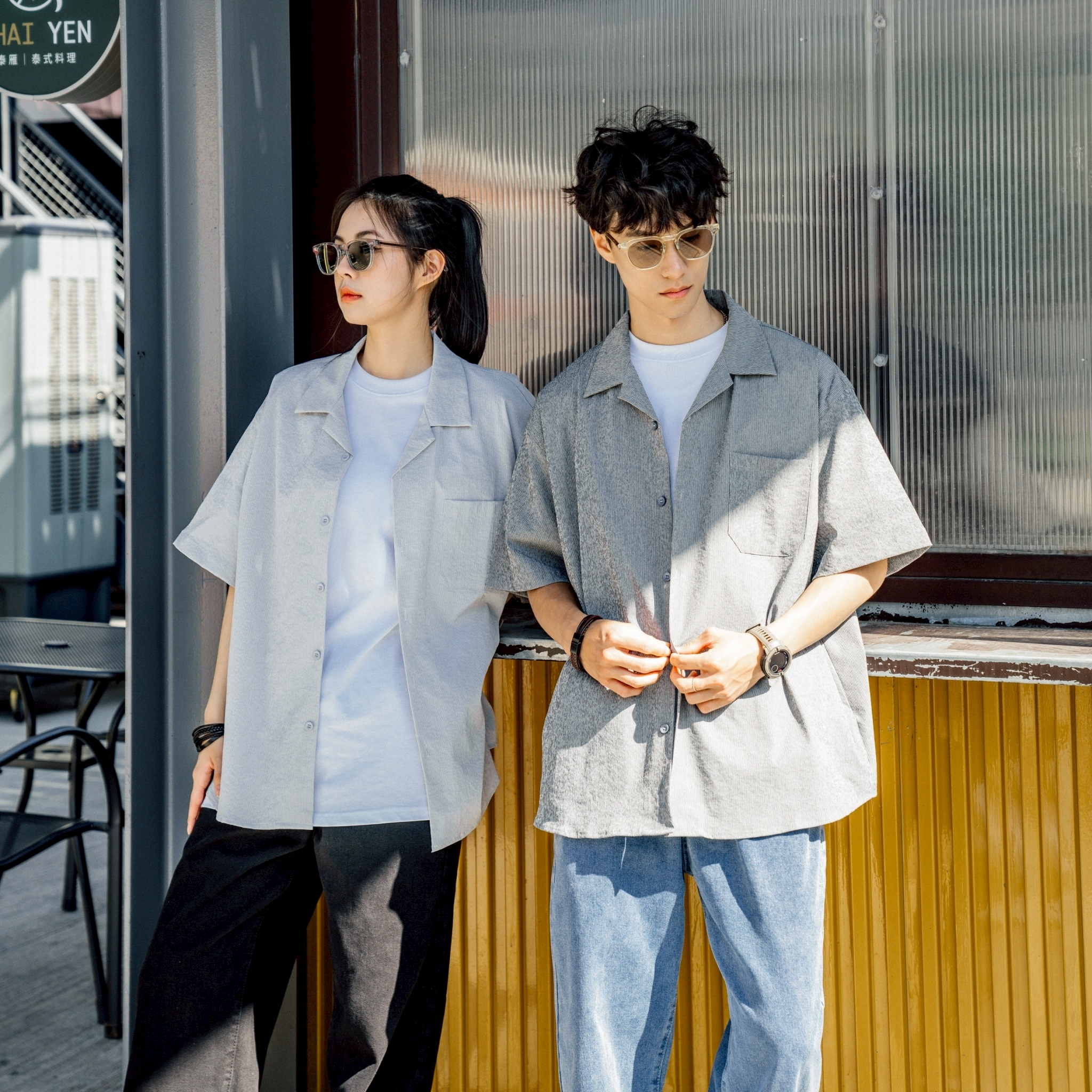 微皺細條彈力短袖襯衫 556