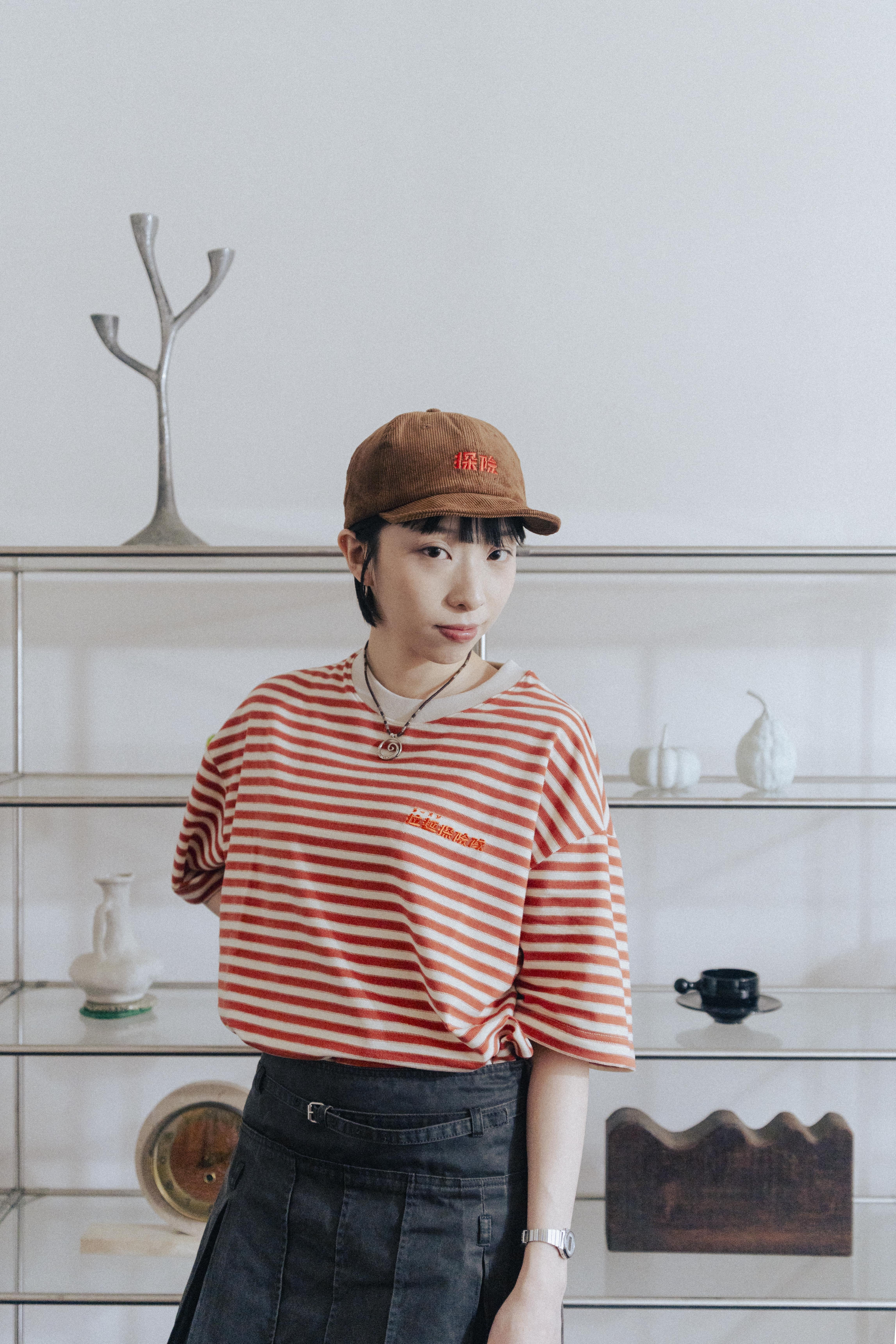 拉麵探險隊 刺繡 LOGO 條紋 寬版 短T (橘)