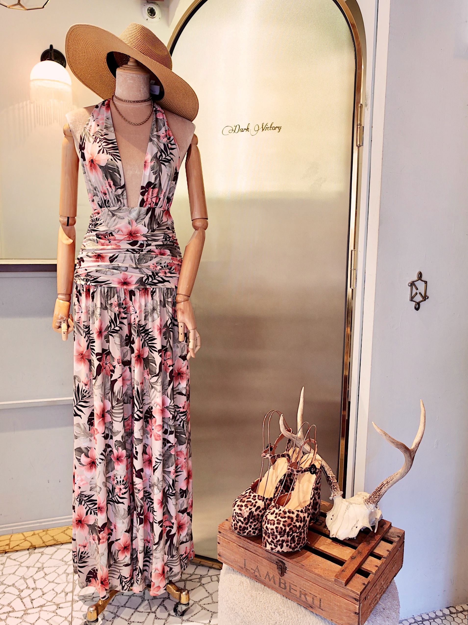 Vacation Floral橄欖綠粉紅花繞脖連身長褲