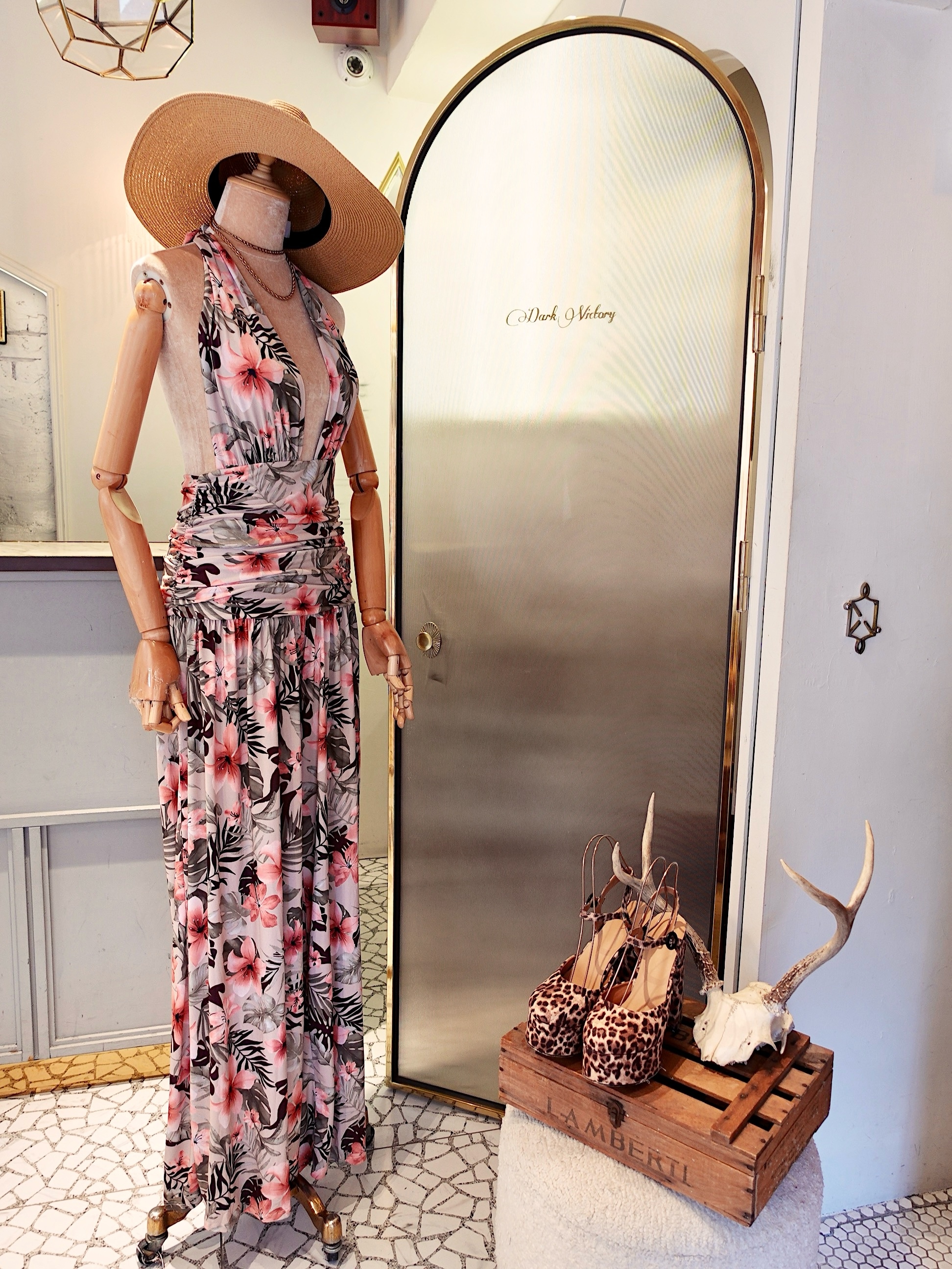 Vacation Floral橄欖綠粉紅花繞脖連身長褲