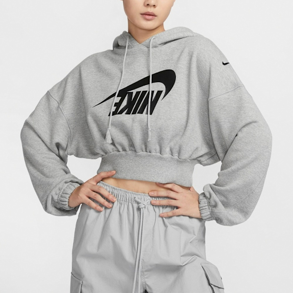 NIKE 帽T NSW 灰色 反轉LOGO 短版 長袖 女 FV7778-063