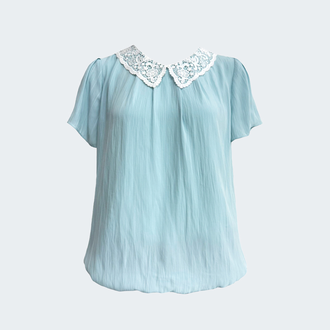 蕾絲領拼接皺皺布上衣