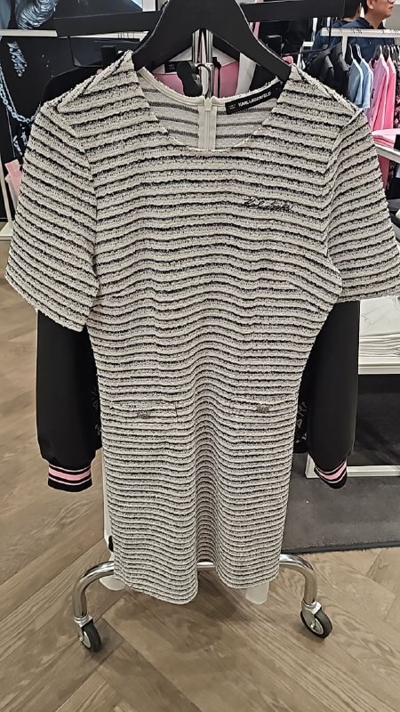 [E] KARL LAGERFELD BLACK-WHITE STRIPED BOUCLE JERSEY BOUCLE DRESS, ASW13027-1VY (EKL23)