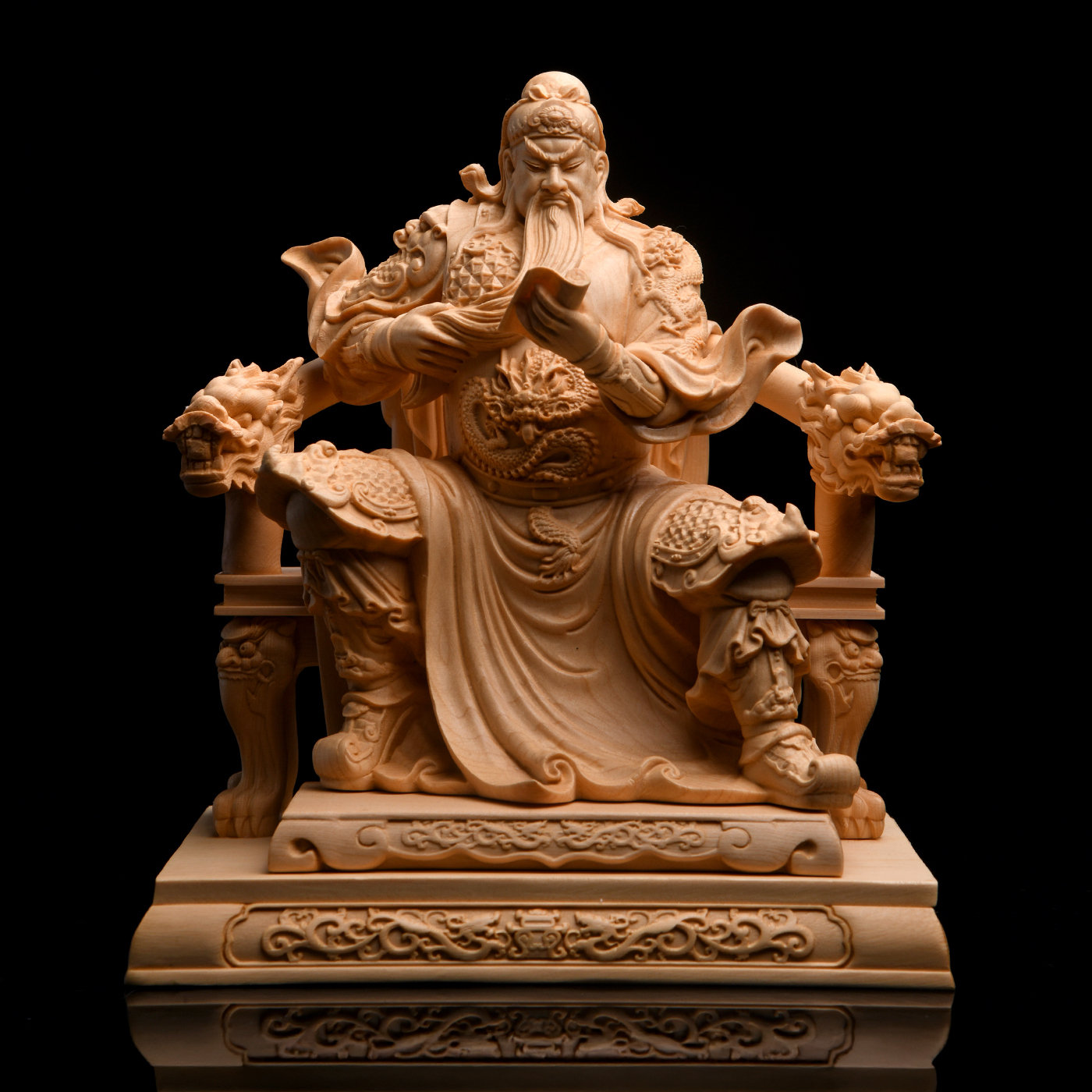 傳藝工坊- 『夜讀春秋關公/ 附龍椅』檜木木雕關羽文關公