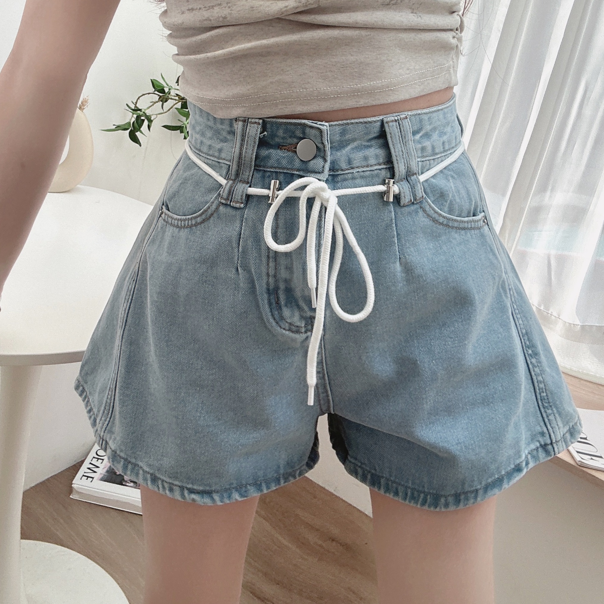 綁繩水洗A字牛仔短褲/二色