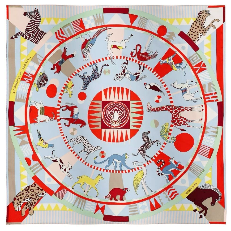 全新HERMES絲巾90x90cm H004206S 09 動物馬戲團圖案 天藍色/綠色/紅色 Le Carrousel du Tigre Royal Scarf 90 #BRAND NEW #香榭站正品