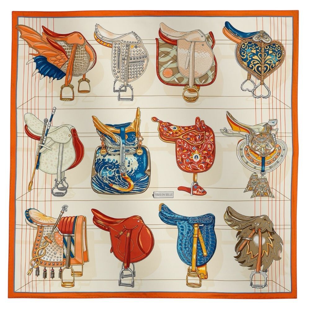 全新HERMES絲巾90x90cm H004204S 01 馬鞍圖案 奶白色/橙色/藍色 Tous en Selle Scarf 90 #BRAND NEW #香榭站正品