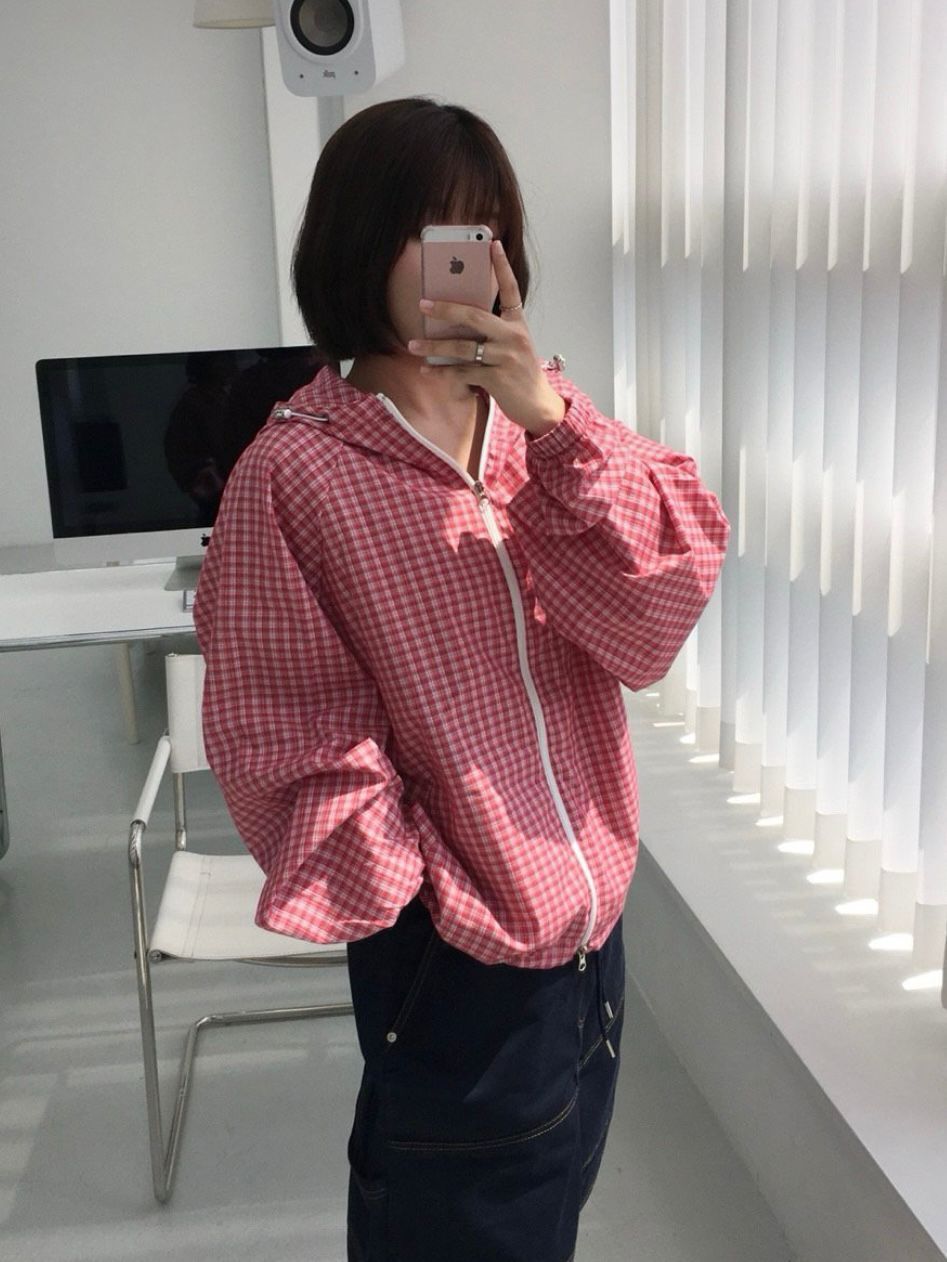 格仔連帽拉鍊外套 EASY-073JK