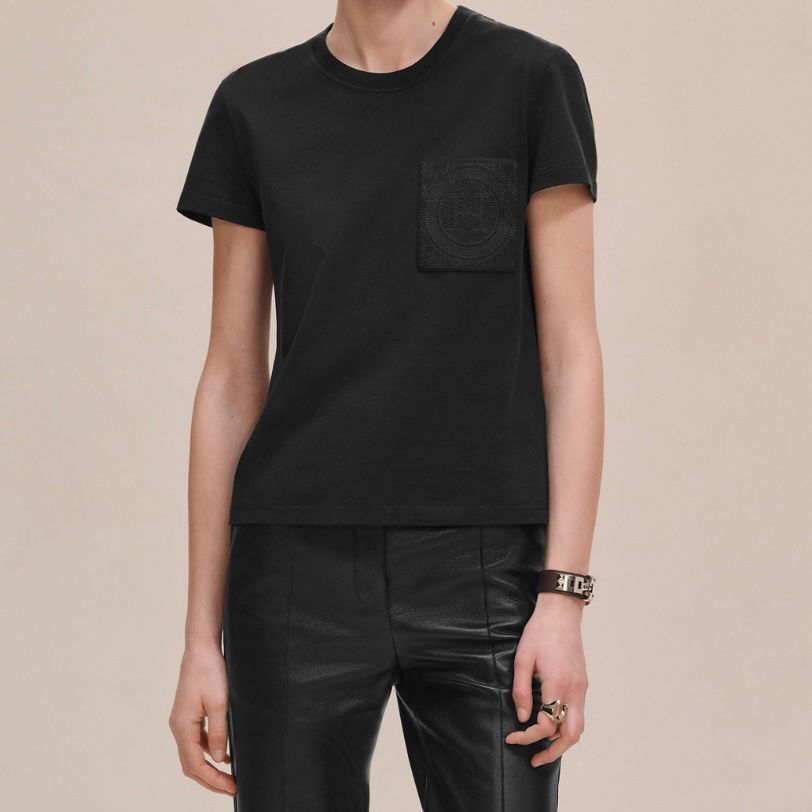 全新HERMES女士T-Shirt 38碼 黑色100%棉質 H4H4615DA0238 Embroidered pocket t-shirt #BRAND NEW #香榭站正品