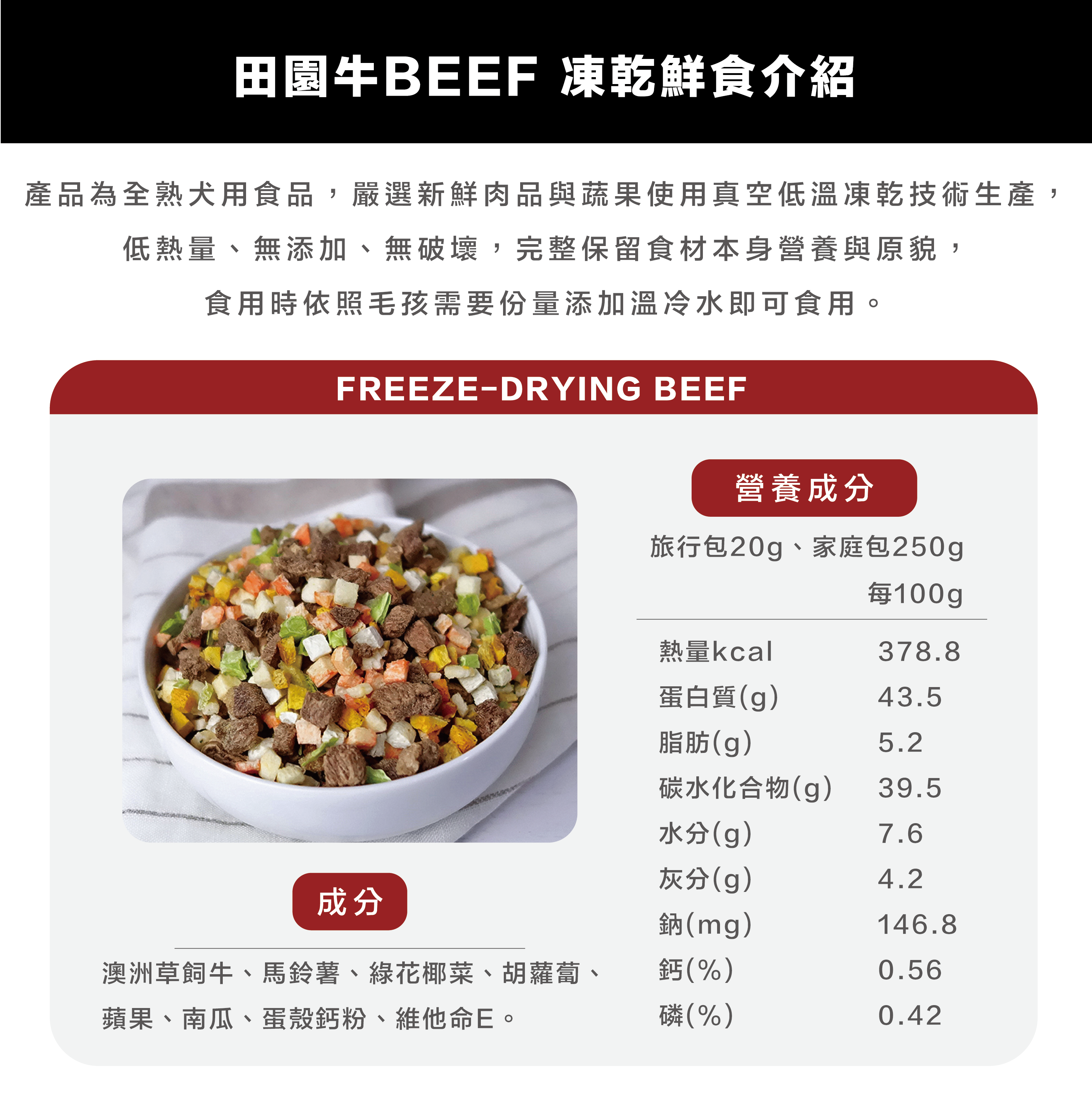 毛食嗑寵物鮮食田園牛口味營養標示說明