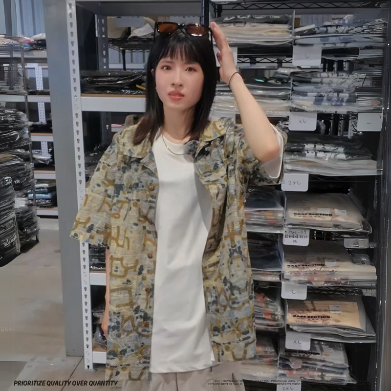 泡泡紗北歐圖紋古巴領短袖襯衫