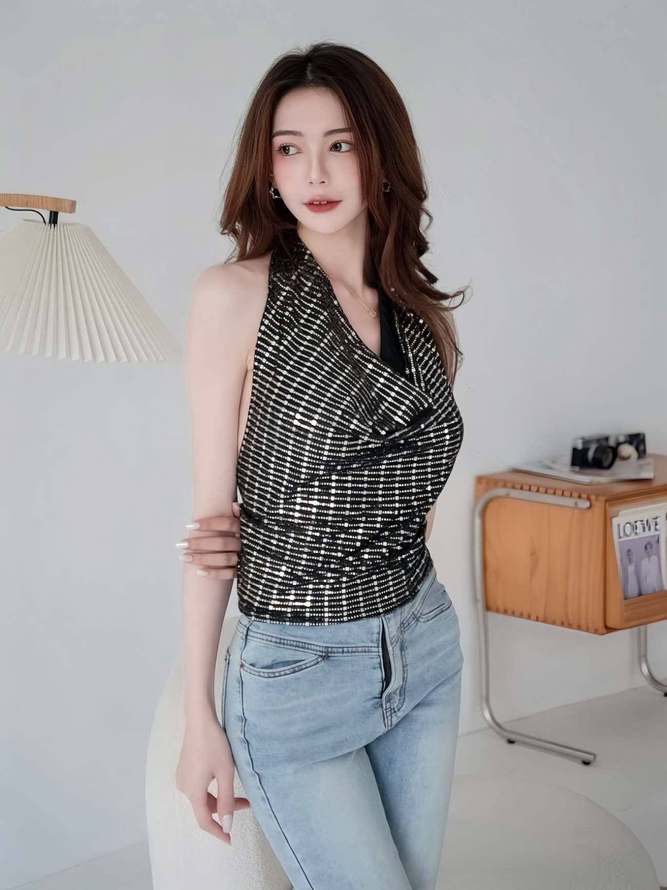 🤍亮片掛脖大露背小可愛（黑色均碼）