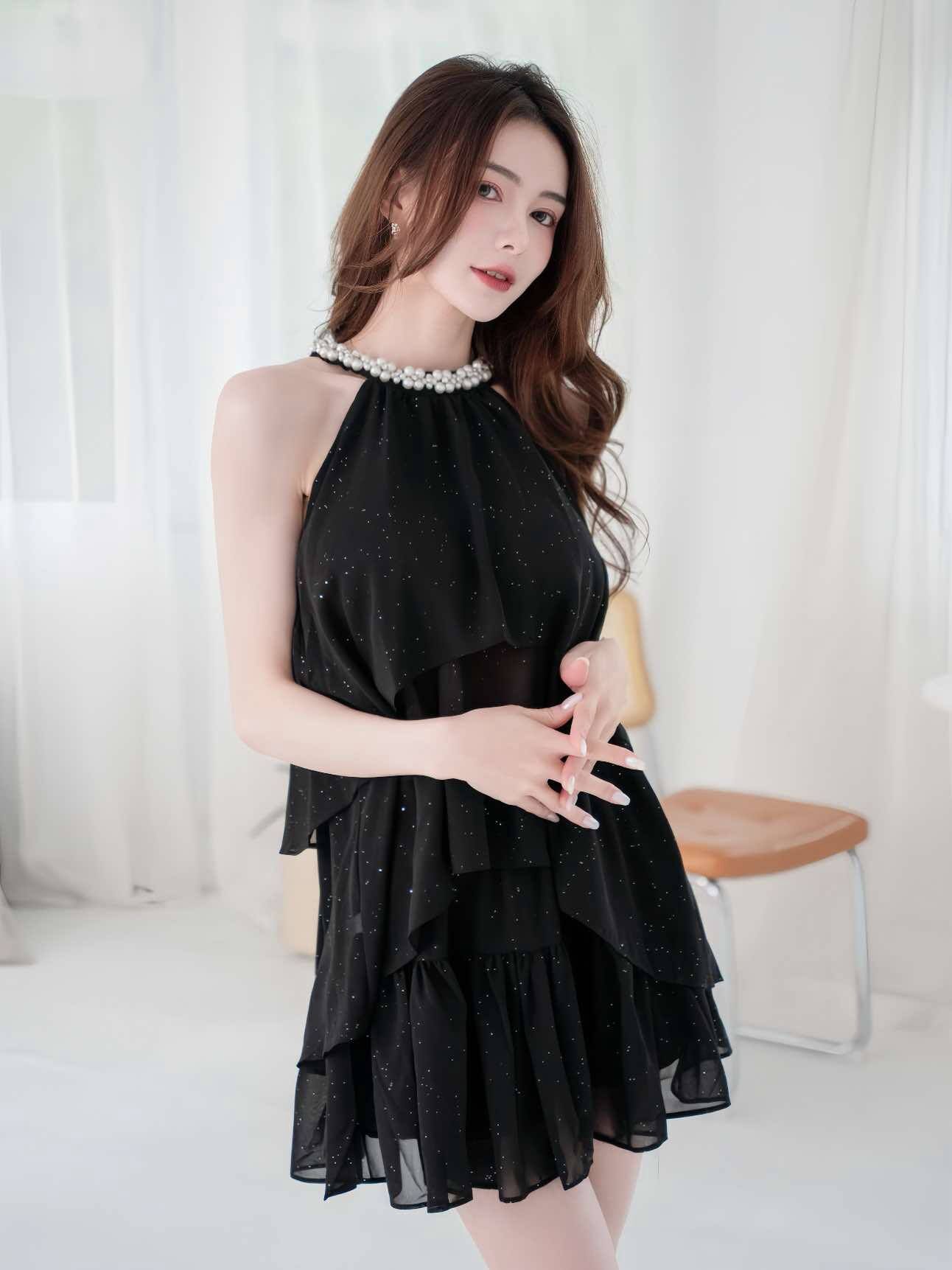 🤍珍珠削肩雪紡荷葉上衣+褲裙兩件式（黑色均碼）