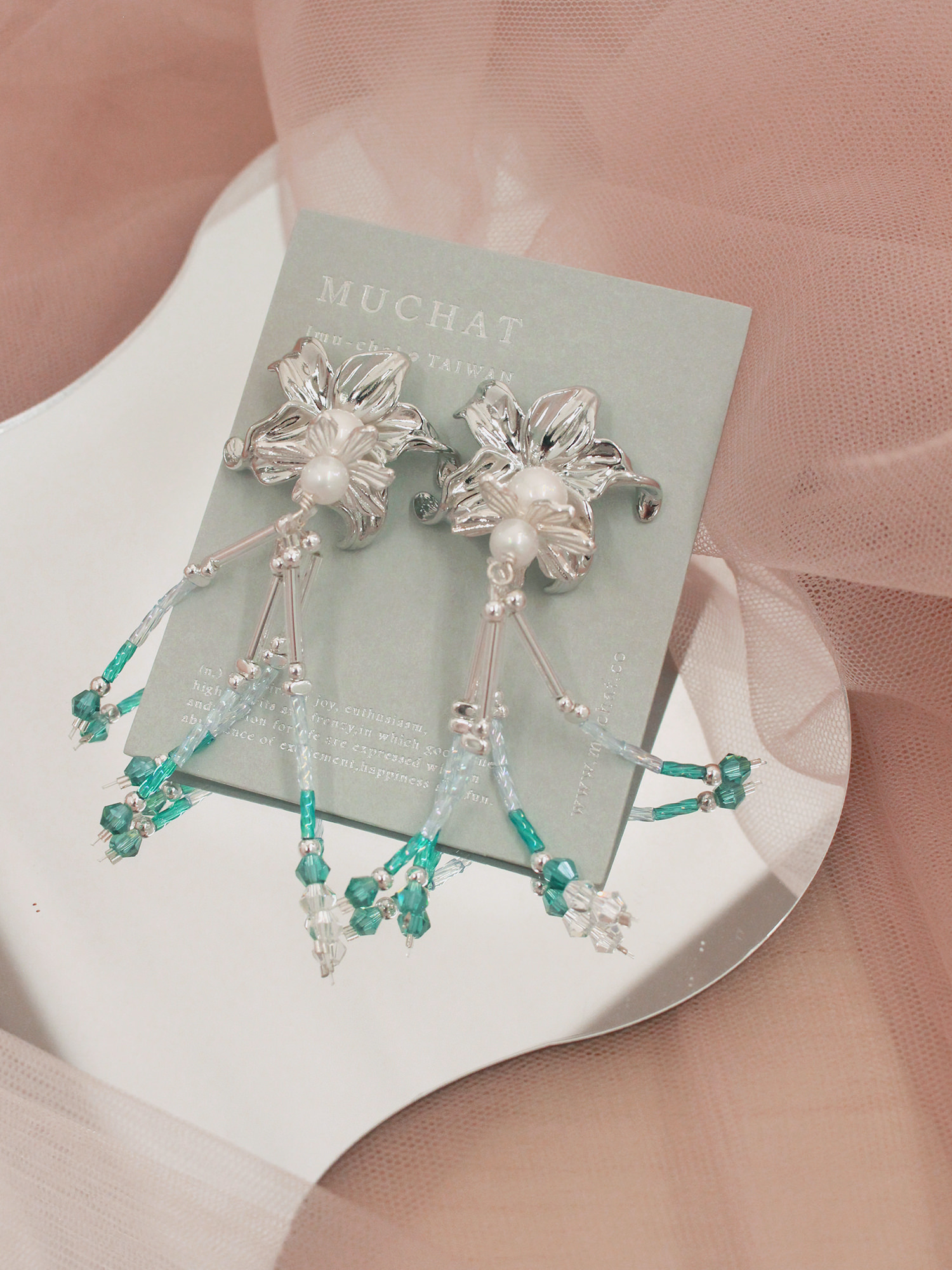 【婚紗聯名】天空之鏡。MUCHAT手作花朵水晶流蘇純銀針耳環
