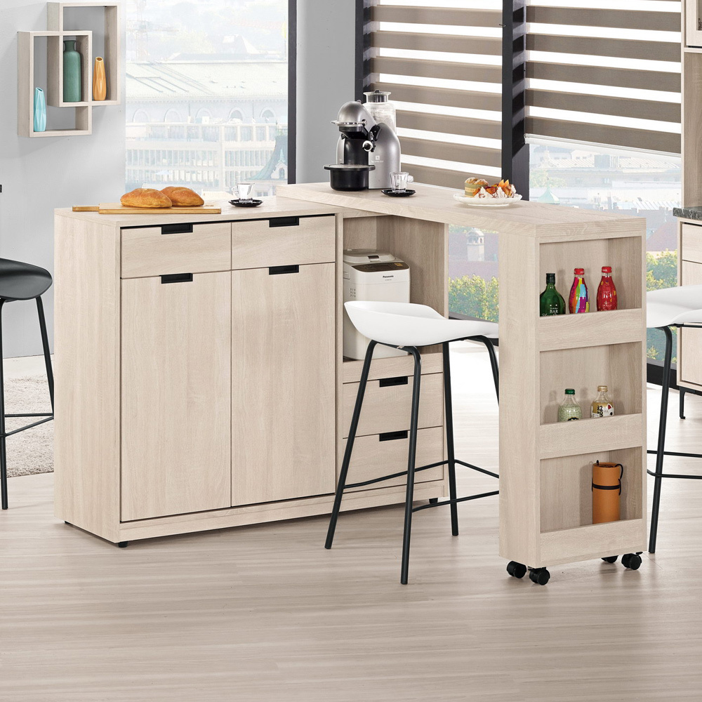 奈迪4.6尺中島型吧台桌+餐櫃/多功能L型收納餐桌電器櫃組合