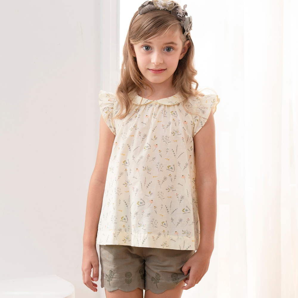 PIPPY簡約花鳥印花小圓領棉麻上衣 黃