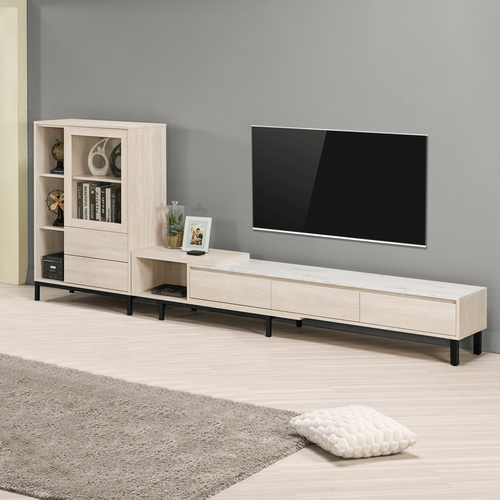 妮絲11尺L型仿石面伸縮電視櫃組合(展示低櫃+仿石面伸縮長櫃)