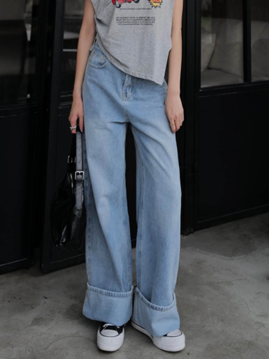 褲管反摺牛仔落地褲*2色