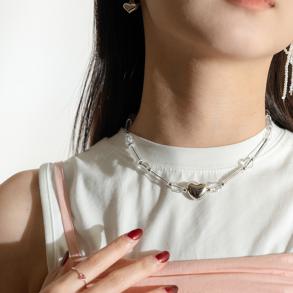 Transparent beaded metal heart clavicle necklace【07040387】in stock+pre-order