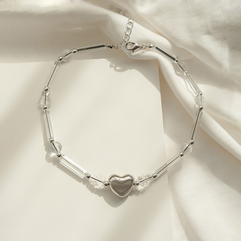 Transparent beaded metal heart clavicle necklace【07040387】in stock+pre-order