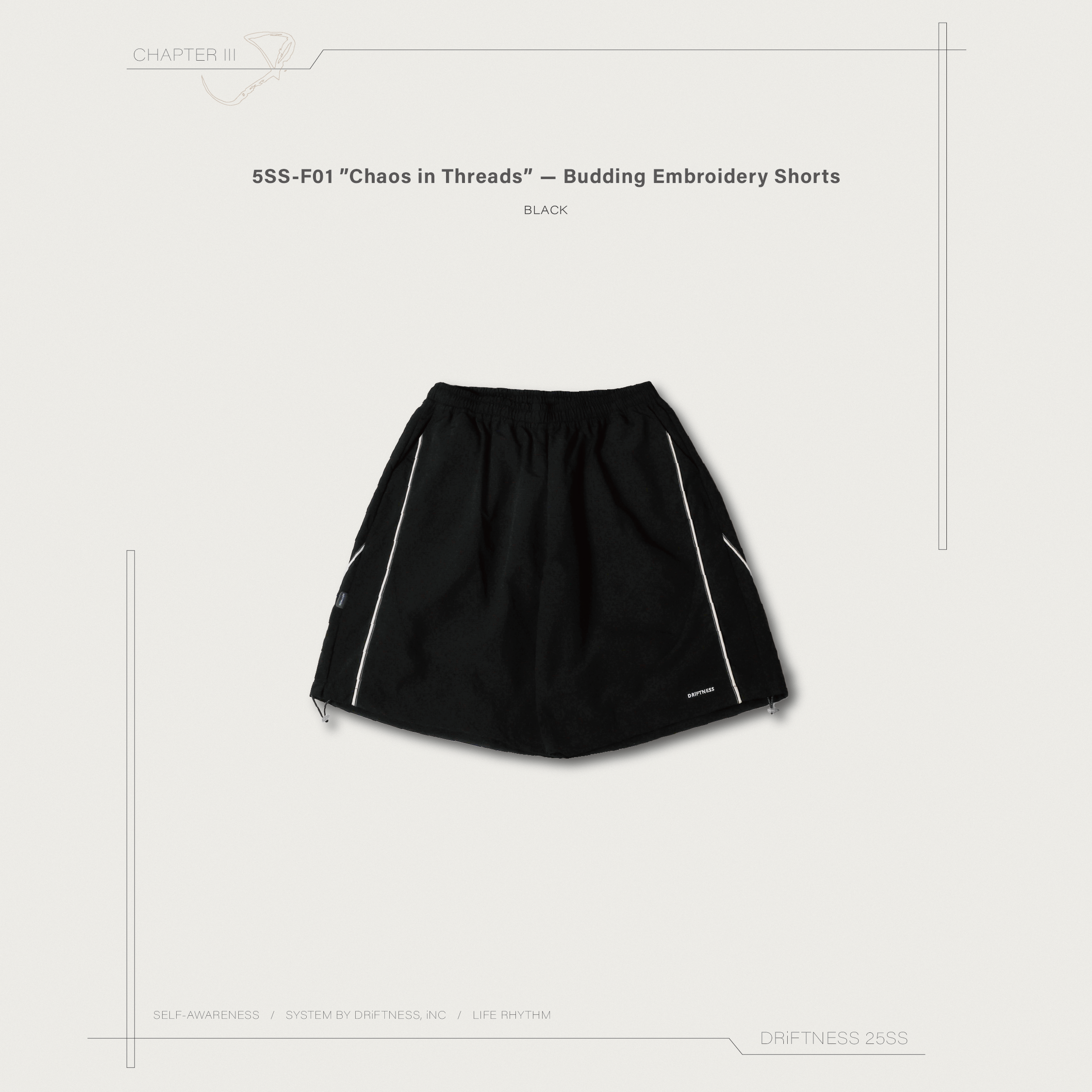 DRiFTNESS | 5SS-F01 ”Chaos in Threads” — 出芽刺繡套裝短褲 - Black