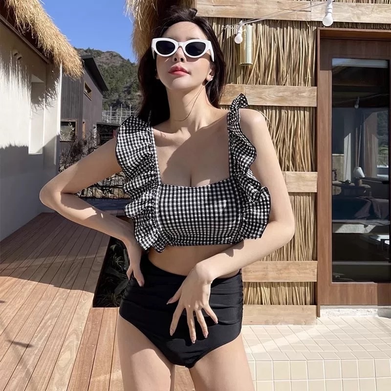 預購 韓國荷葉格紋高腰泳裝