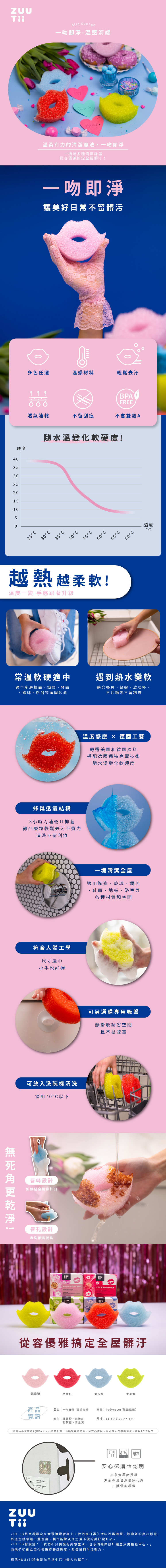 Kiss 吻即淨溫感海綿硬度4035302520151050MYSponge溫柔有力的清潔魔法一吻即淨一塊抵多種清潔神器從容優雅搞定全屋髒汙一吻即淨讓美好日常不留髒污多色任選溫感材料輕鬆去汙BPAFREE透氣速乾不留刮痕不含雙酚A隨水溫化軟硬度!2530354045°C50°C55°C越熱越柔軟!溫度一變 手感跟著升級0.0溫度°C常溫軟硬適中遇到熱水變軟適合廚房檯面、鍋底、鞋面、磁磚、衛浴等頑固污漬適合餐具、餐盤、玻璃杯、不沾鍋等不留刮痕!蜂巢透氣結構3小時速乾且抑菌微凸磨粒輕鬆去污不費力清洗不留刮痕符合人體工學尺寸適中小手也好握可放入洗碗機清洗適用70°C以下唇峰設計弧線貼合鍋杯口唇孔設計專洗細長餐具溫度感應  德國工藝嚴選美國和德國原料搭配德國獨特高壓技術隨水溫變化軟硬度一塊清潔全屋適用陶瓷、玻璃、鏡面、鞋面、地板、浴室等各種材質和空間可另選購專用吸盤懸掛收納省空間且不易發霉KISS SCRUB-SPONGE9KISS SCRUB-SPONGEㄓ從容優雅搞定全屋髒汙裸霧粉熱情紅靛灰藍星黃產品品名 一吻即淨-溫感海綿 材質  Polyester(聚酯纖維)資訊顏色裸霧粉、熱情紅尺寸|11.5×8.37×4 cm靛灰蓝、青星黃商品不含雙酚A(BPA free)及塑化劑,100%食品安全,可安心使用。※可放入洗碗機清洗,適用70°C以下BPAFREE安心選購請認明加拿大原廠授權創而有意台灣獨家代理正版雷射標籤ZUUT將目標鎖定在大眾消費者身上,他們從日常生活中找尋問題,探索新的產品創意,將這些發想逐一整理後,製作能解決你生活不便的美好設計品。ZUUT ii曾說過:「我們不只要擁有美感生活,也必須藉由設計讓生活更輕鬆自在。」而他們從創立至今皆秉持著這態度,為每日的生活努力。相信ZUU Tii將會是你日常生活中最大的幫手。