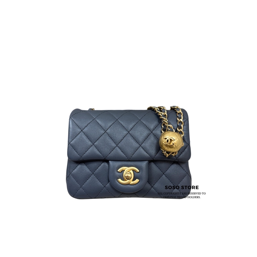 Chanel Mini Squ Flap Bag With Gold Ball - Grey / Ghw