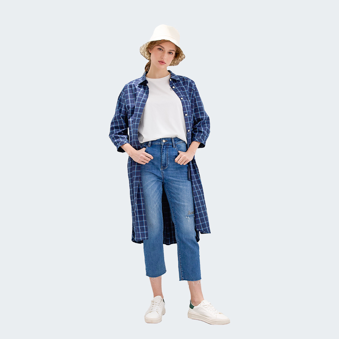 萊賽爾混棉不對稱刷破燙石九分牛仔長褲