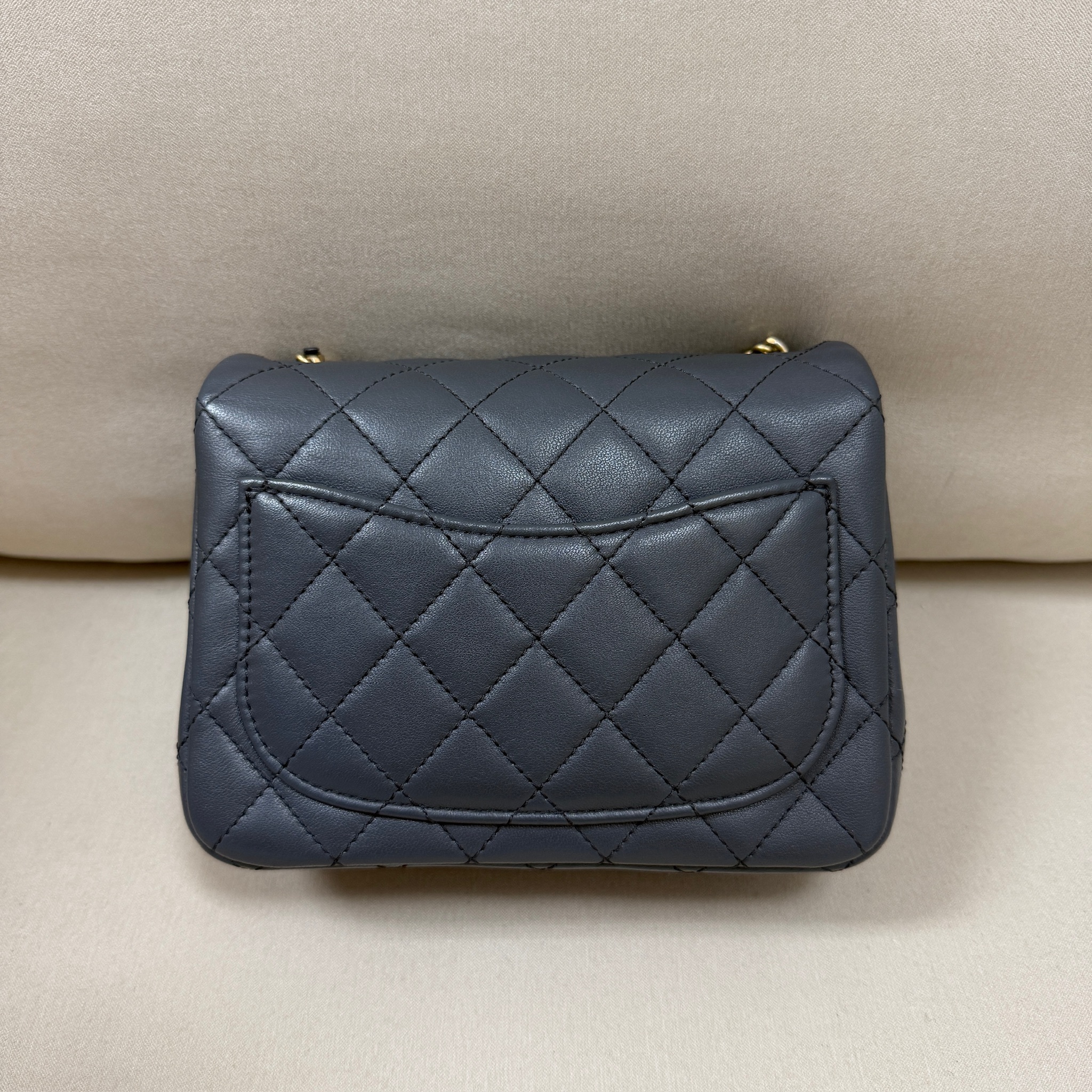 Chanel Mini Squ Flap Bag With Gold Ball - Grey / Ghw