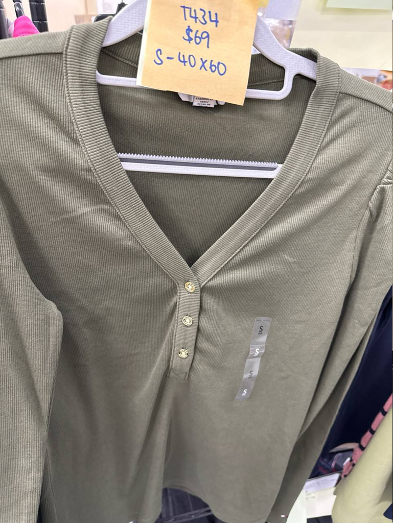 [S] TOMMY HILFIGER OLIVE GREEN WOMEN'S PUFF HENLEY LONG SLEEVE T-SHIRT, 76j5529-701 (STH1232)
