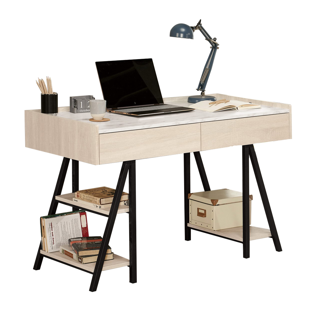 妮絲4尺二抽仿石面書桌/工作桌(桌下置物架型)