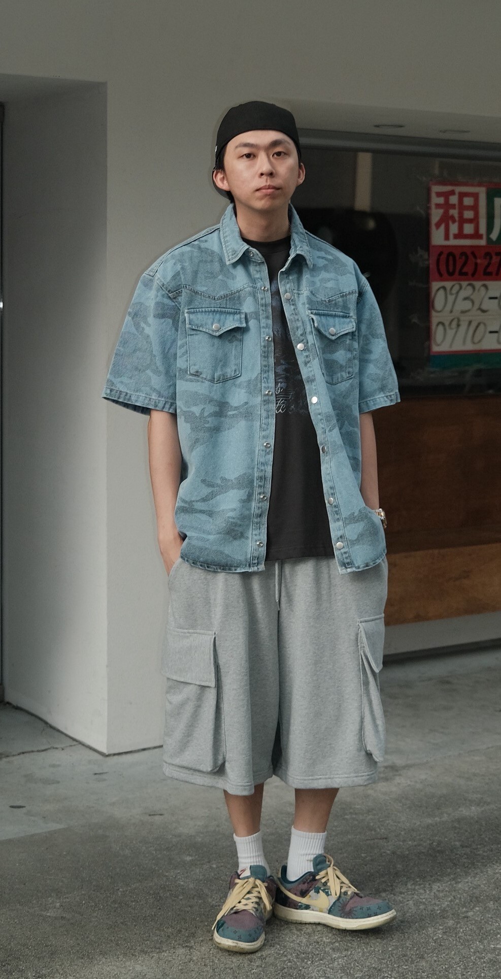 牛仔印花短袖襯衫