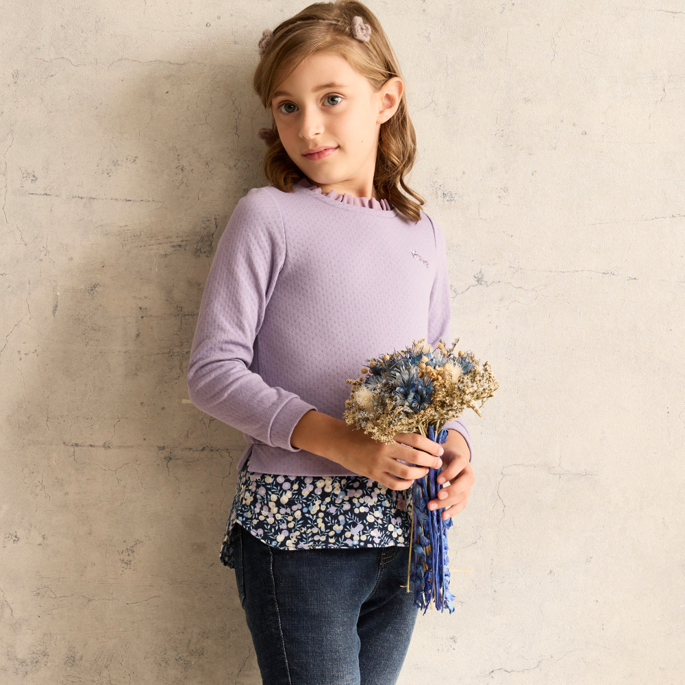 PIPPY假兩件荷葉領剪接長袖上衣 紫