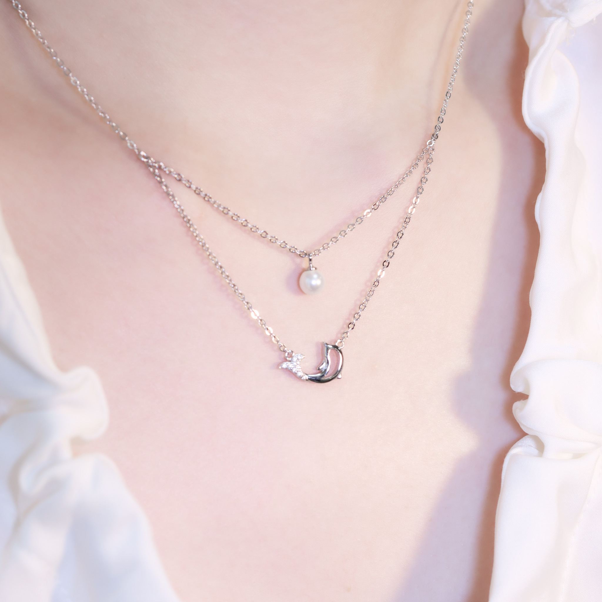 | 925純銀・厚鍍白金・珍珠 | 珍貴的專一雙層項鍊 | NE1393 |