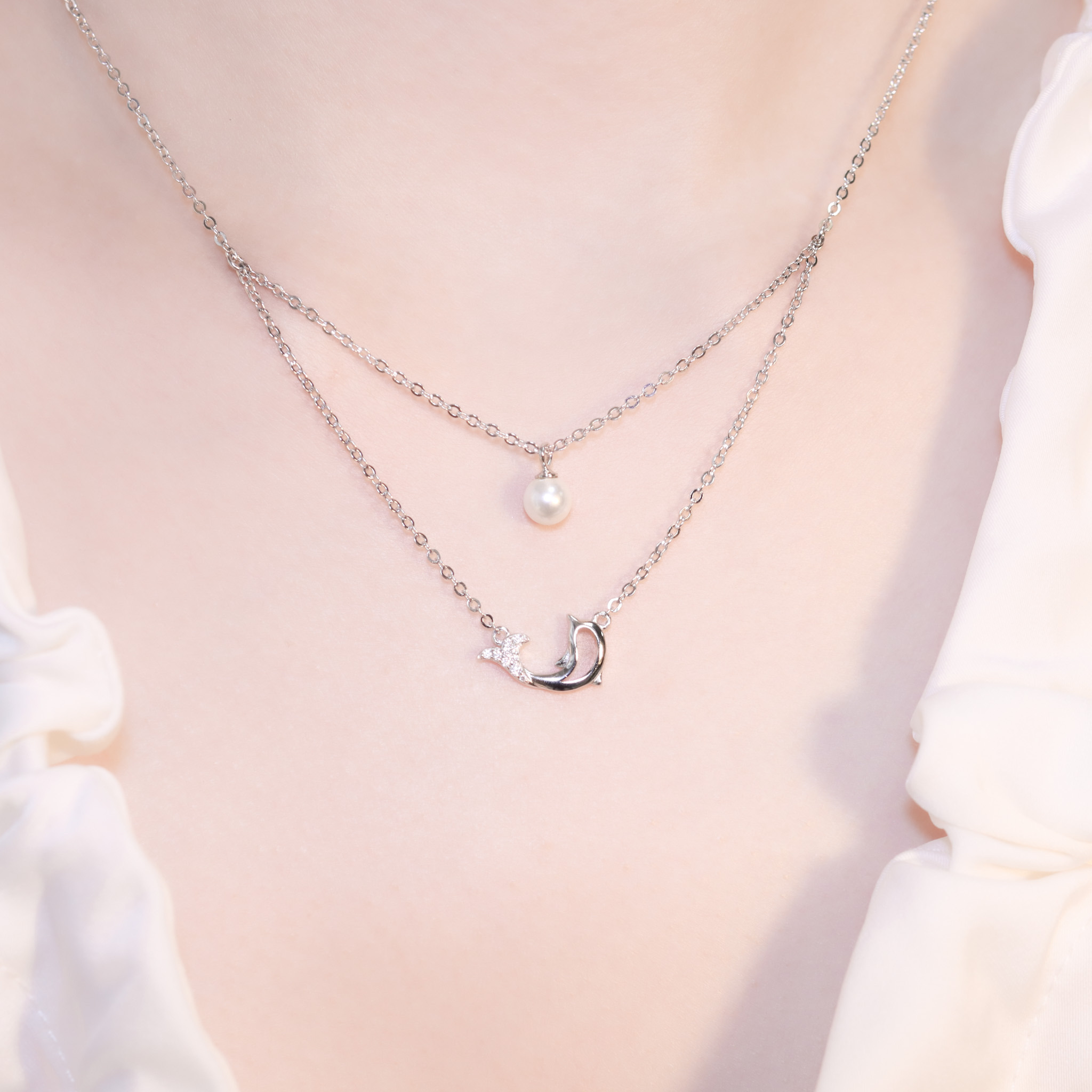 | 925純銀・厚鍍白金・珍珠 | 珍貴的專一雙層項鍊 | NE1393 |