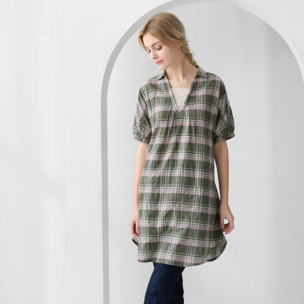 PIPPY 經典格紋綁帶純棉連身裙洋裝 綠