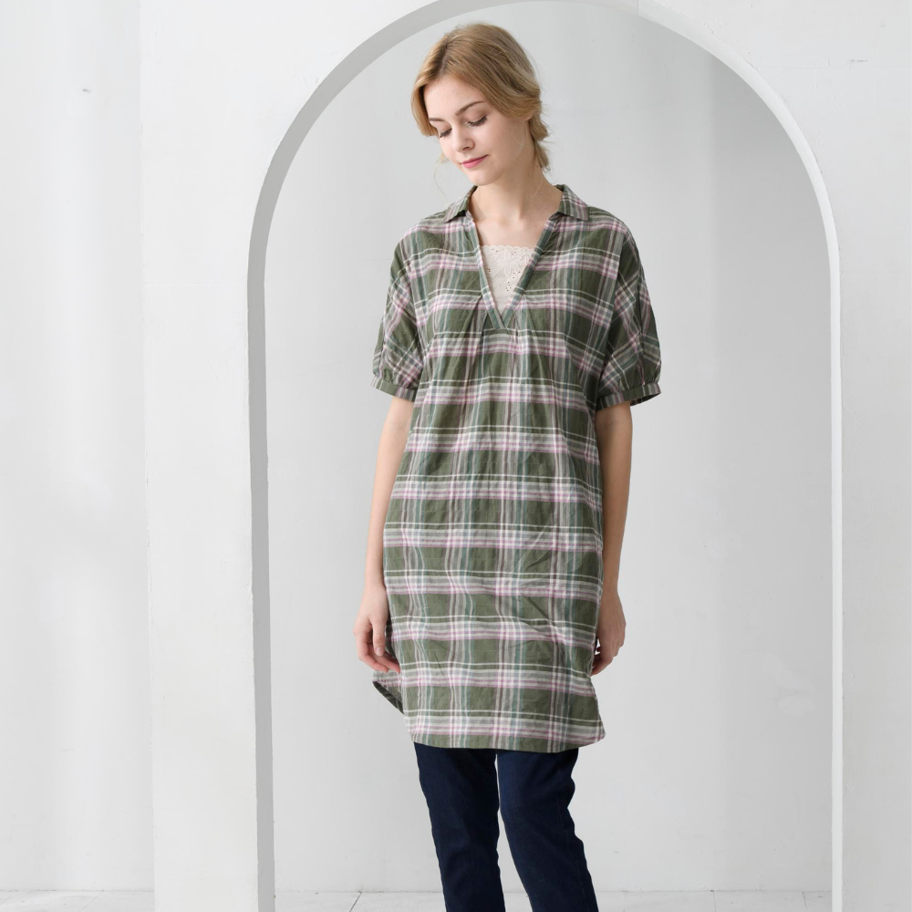 PIPPY 經典格紋綁帶純棉連身裙洋裝 綠