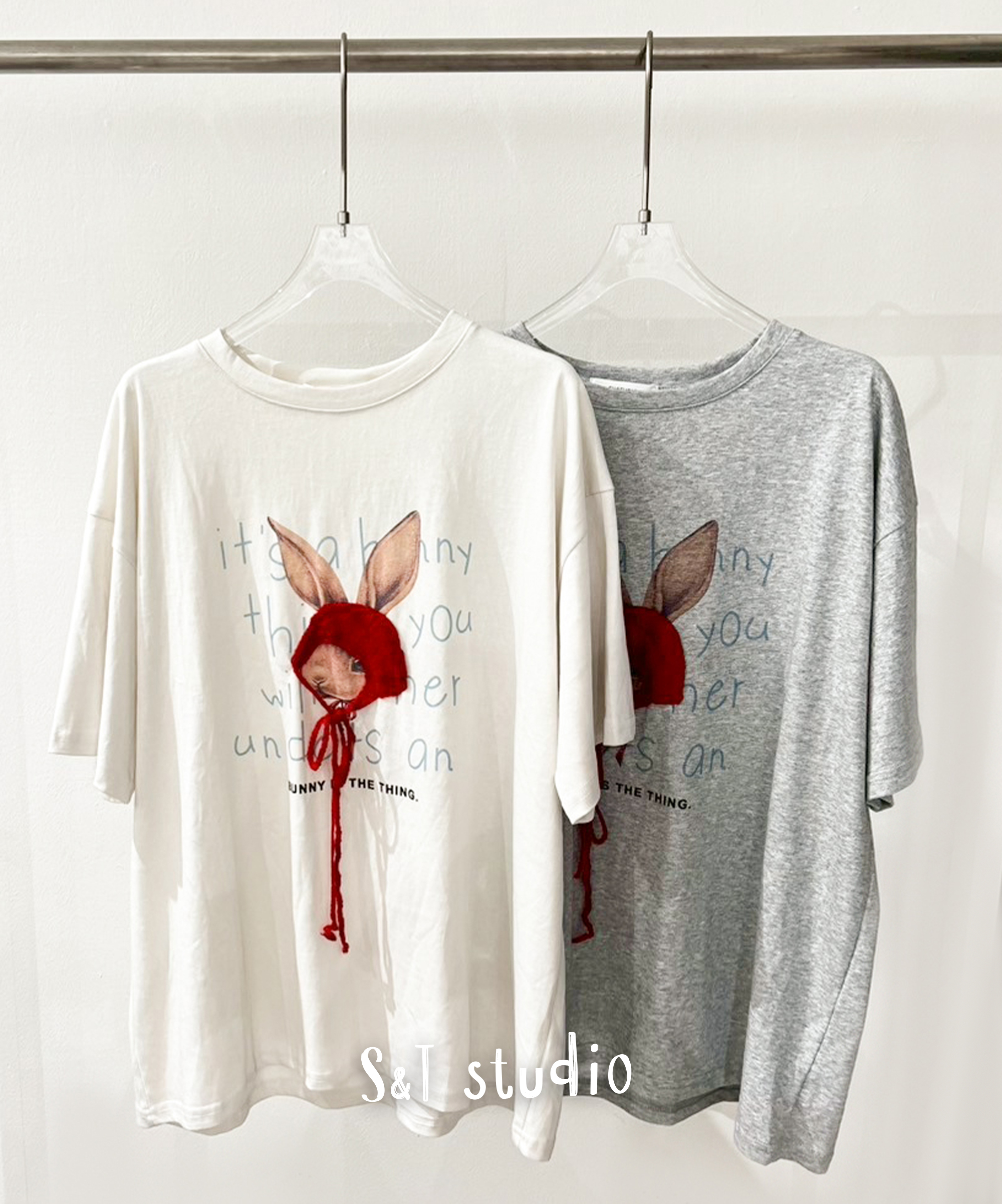 俏皮紅毛帽兔長版TEE(兩色)