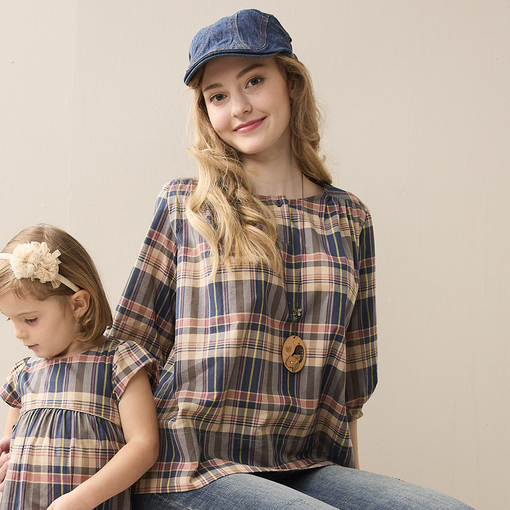 PIPPY 經典格紋圓領純棉5分袖襯衫上衣 紫