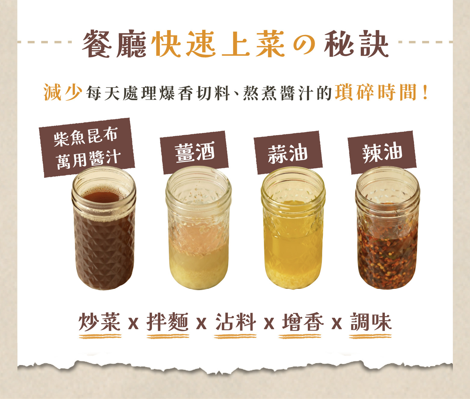 “禾豐田食料理課程主打的四種醬料，強調透過醬料加速料理速度”