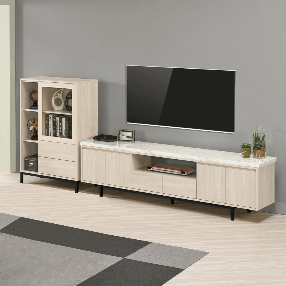 妮絲9.3尺L型石面電視櫃組合(展示低櫃+石面長櫃)