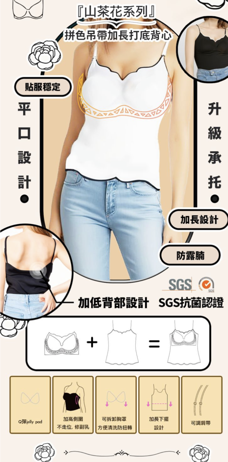 JELLYME Jelly Bra『升級承托』超顯瘦拼色吊帶加長 打底背心 『2025 全新 Jelly Bra 山茶花系列』【✅ 2 in 1 Q彈Jelly Pad ＋ 彈力小背心設計，加高側圍、防副乳】S/M，L/XL（2件$356， 平均$178！，結帳時自動帶入）