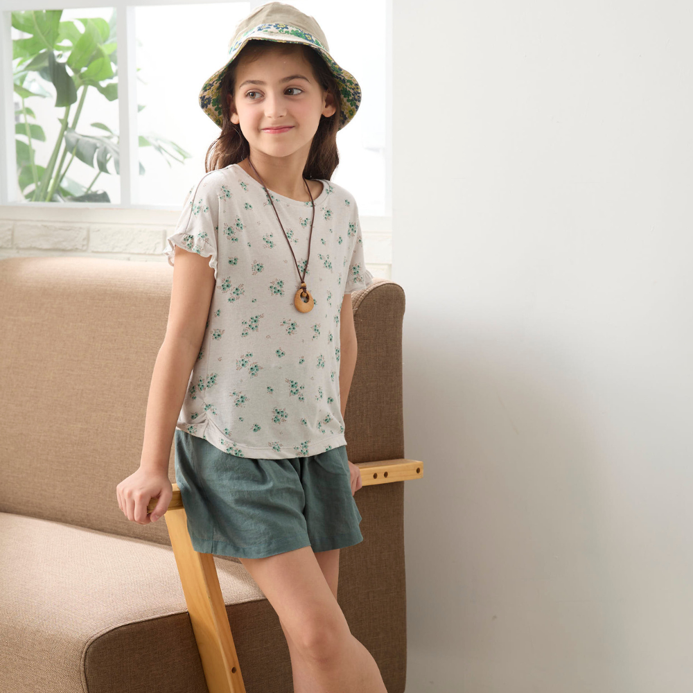 PIPPY小碎花落肩棉麻上衣 綠