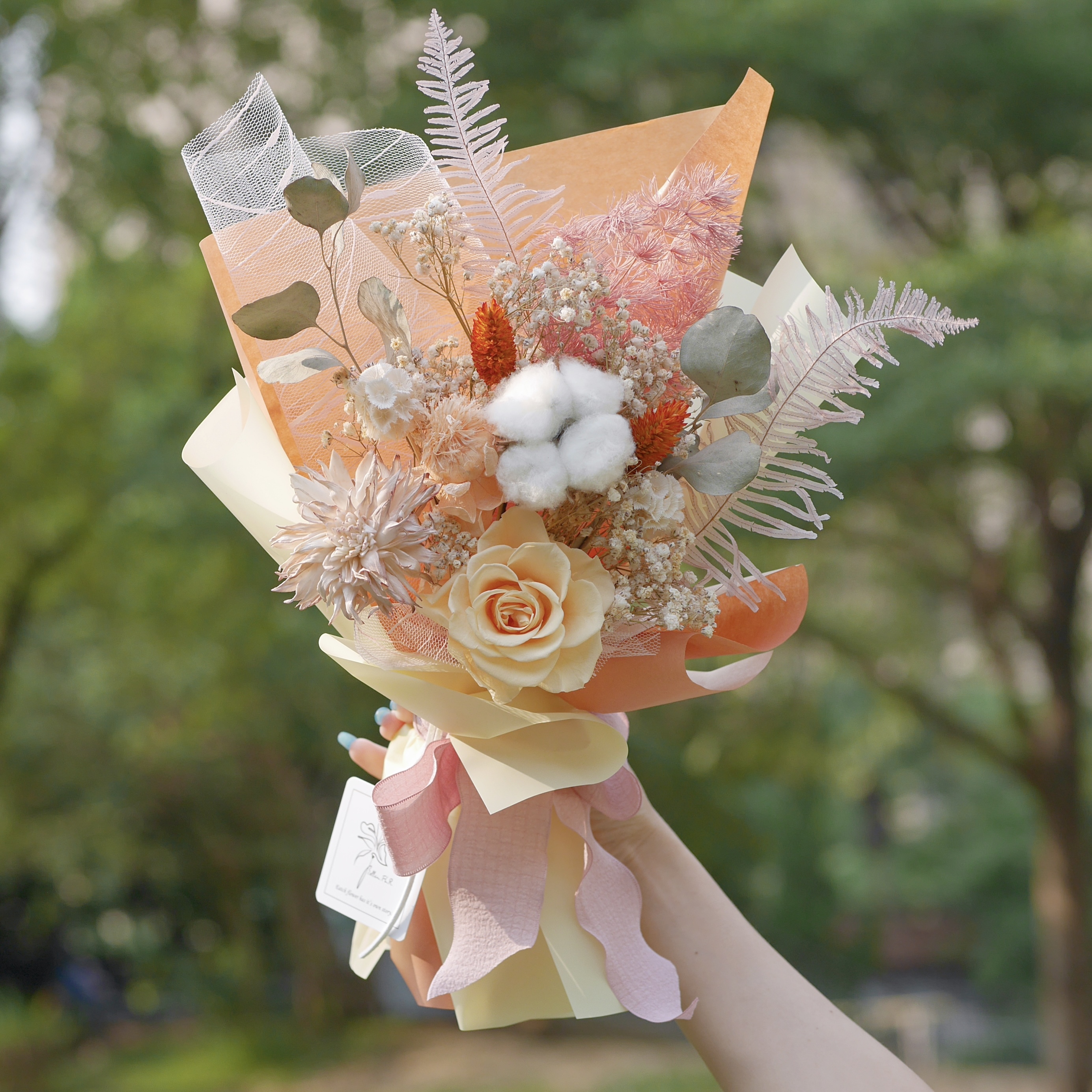 【雲朵的祝福】永生乾燥花束- 焦糖橘