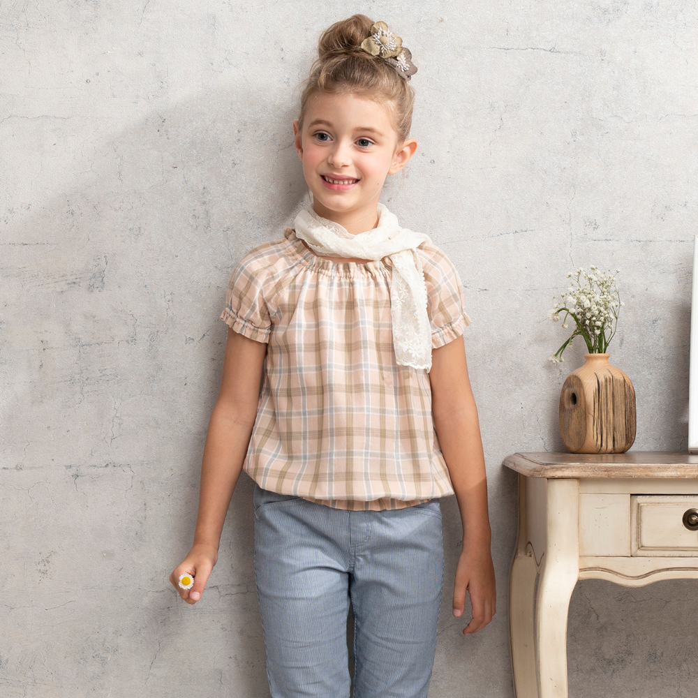 PIPPY春天格紋抽皺純棉上衣 粉