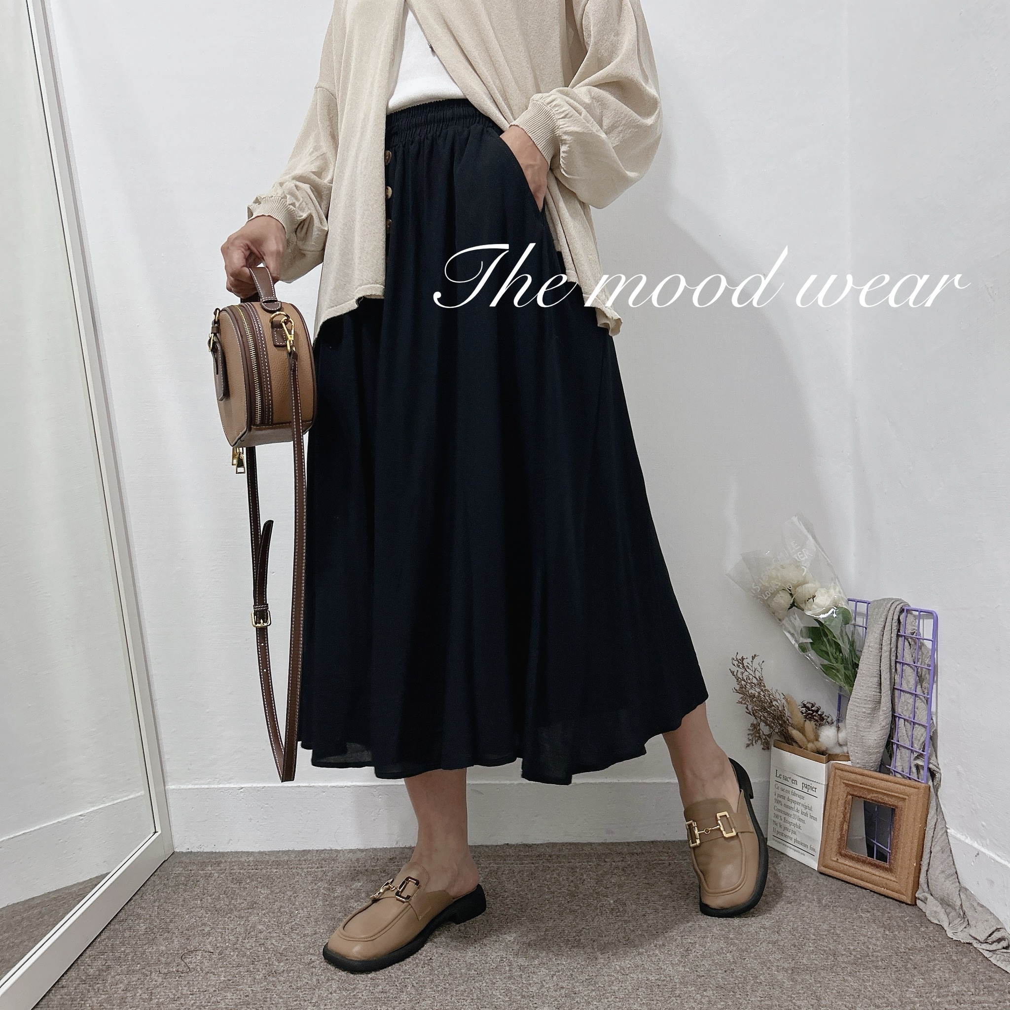 超涼快棉麻料三釦大裙擺長裙(黑/軍綠)