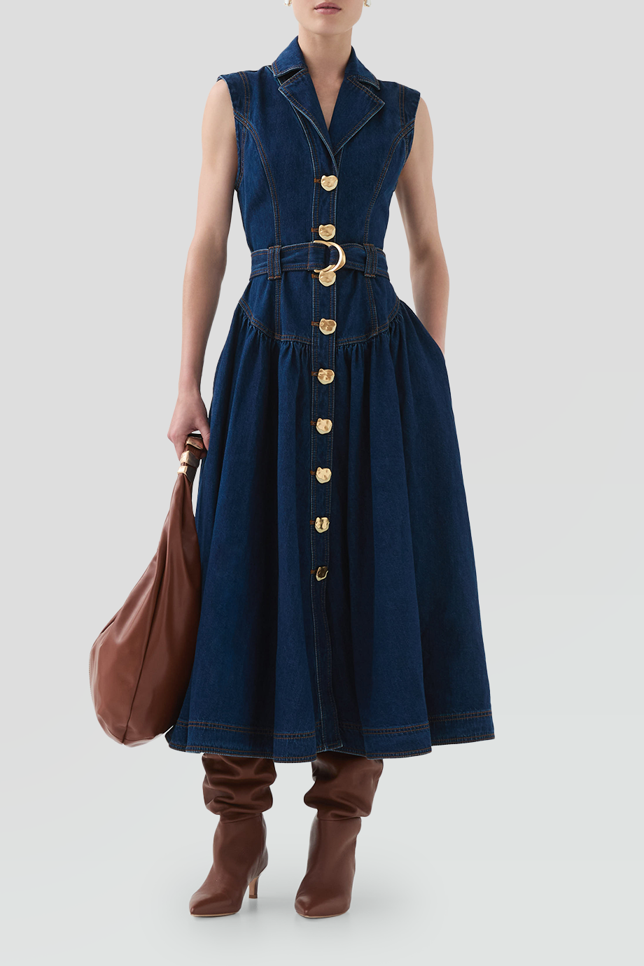 Aje｜ELENA 無袖翻領傘擺牛仔長洋裝