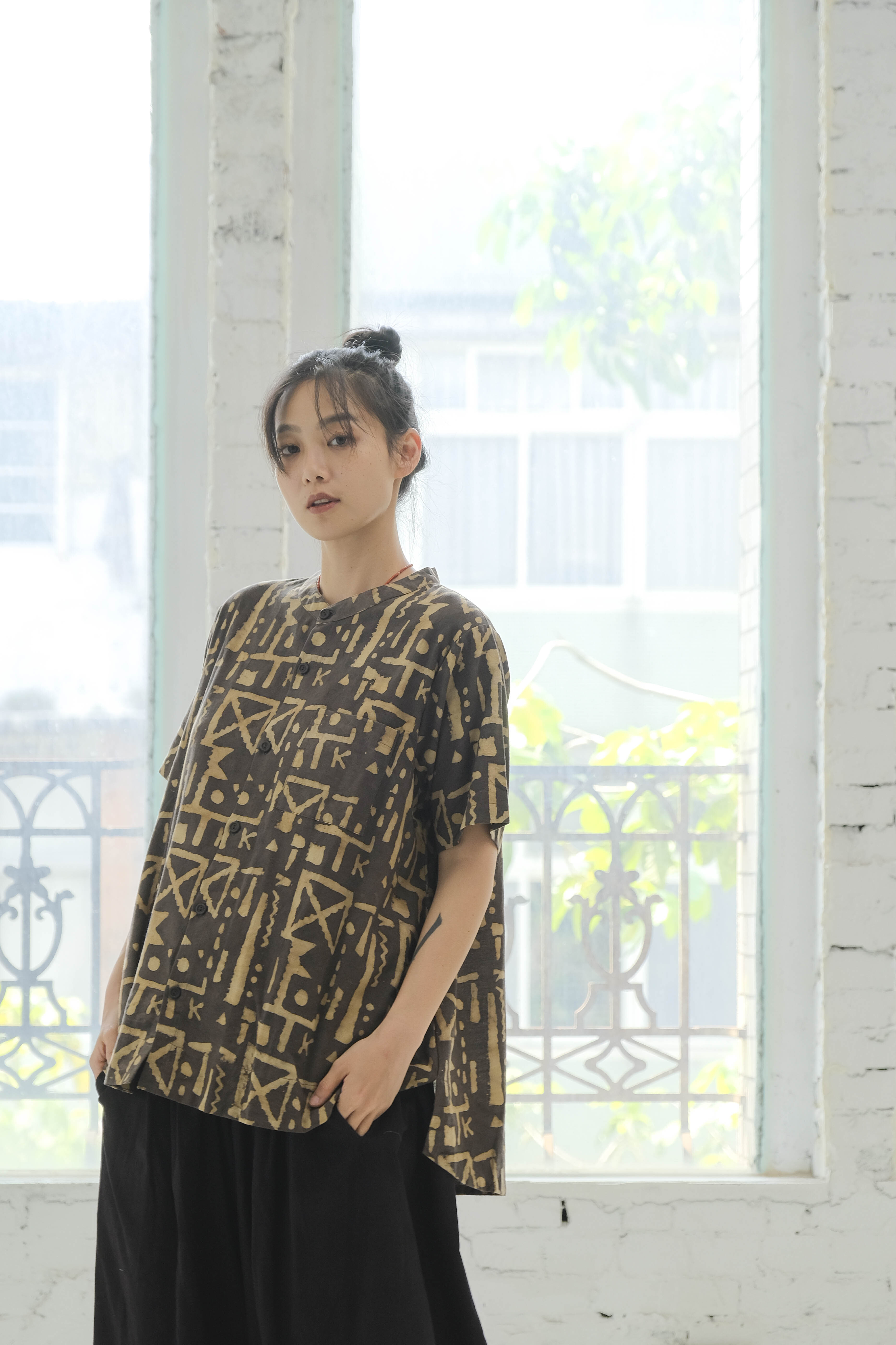 Kachua 中性無領短袖襯衫 花布系列