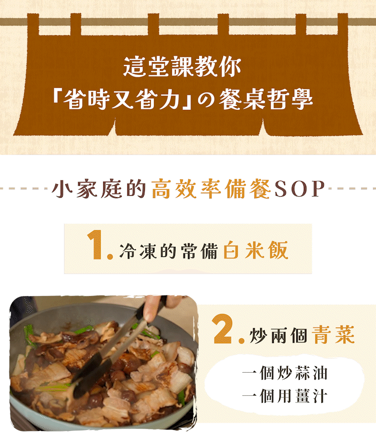 “適合小家庭備餐的高效率SOP，準備白飯與利用醬料炒青菜”